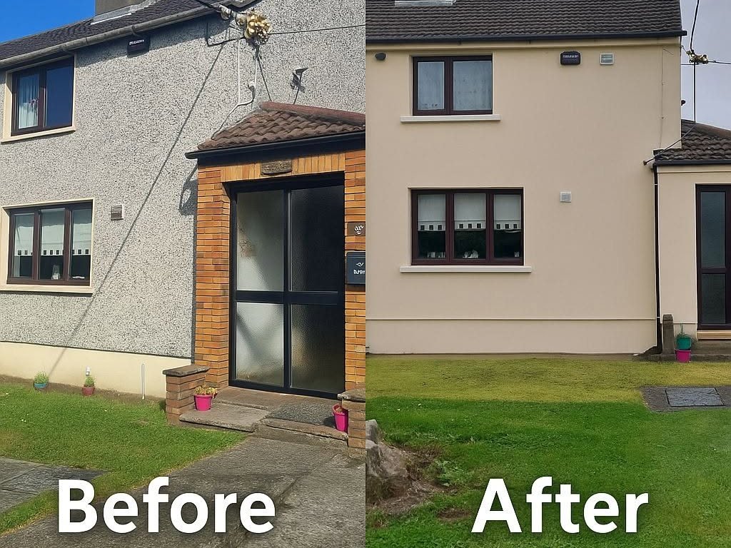 The same two-storey house before and after external wall insulation: pebble-dash walls and a brick porch on the left, a smooth cream render finish on the right