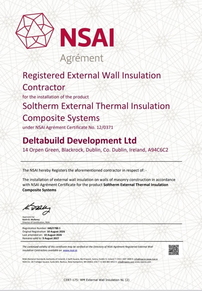 NSAI Agrément certificate registering Deltabuild Development LTD as an external wall insulation contractor